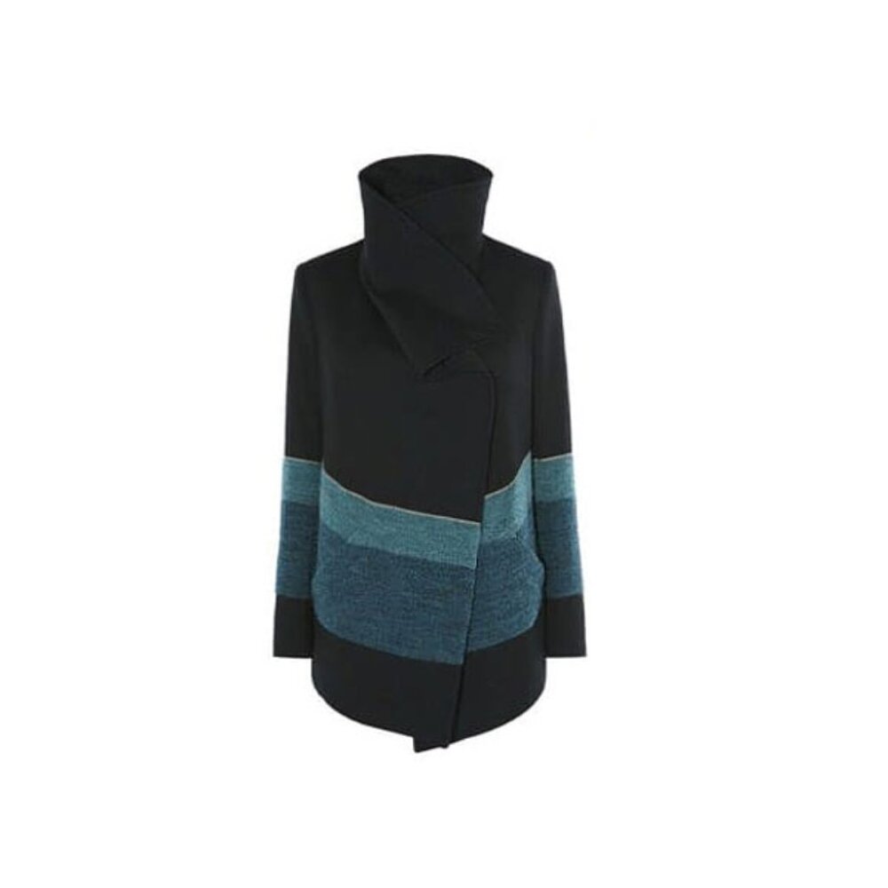 Karen Millen Wool Coat Black & Turquoise Convertible Wool Coat Womens Size 8